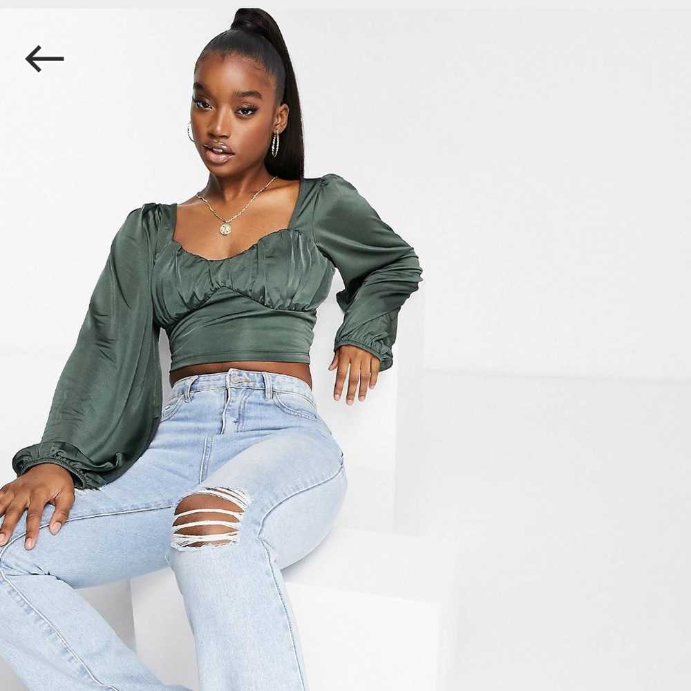 Dark green long sleeve cropped blouse asos design
